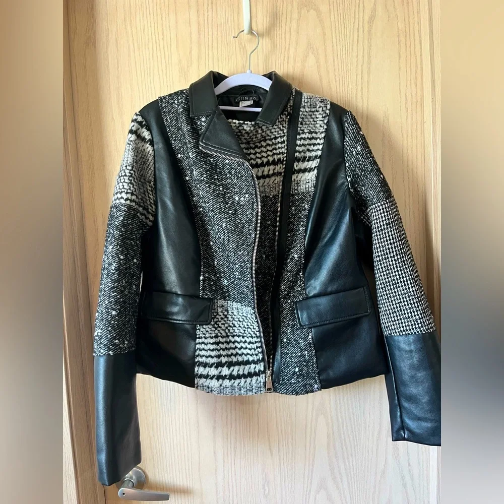 VENUS Women's Black, White and Gray Faux Leather Asymmetrical Zippered Jacket - Picture 2 of 7